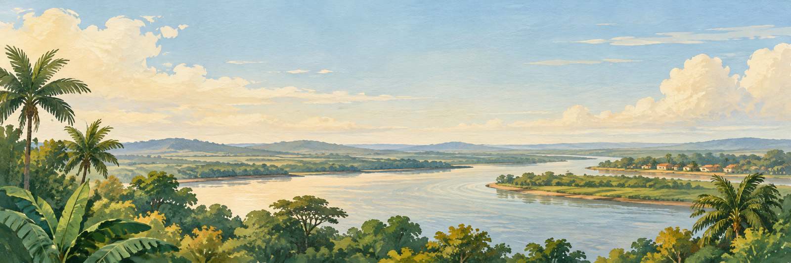 Ilustración de un paisaje costero con río, palmeras y colinas inspirado en Guayas