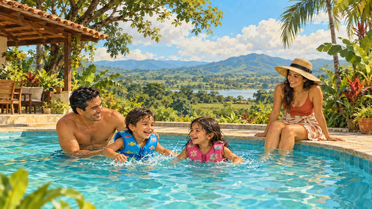 Ilustración de una familia disfrutando de una piscina entre palmeras y colinas de Guayas durante Carnaval