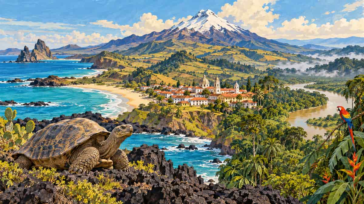 Ilustración de Costa, Andes, Amazonía y Galápagos en Ecuador