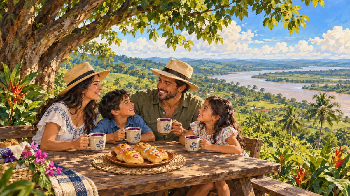 Ilustración de una familia compartiendo colada morada y guaguas de pan en un paisaje campestre de Guayas