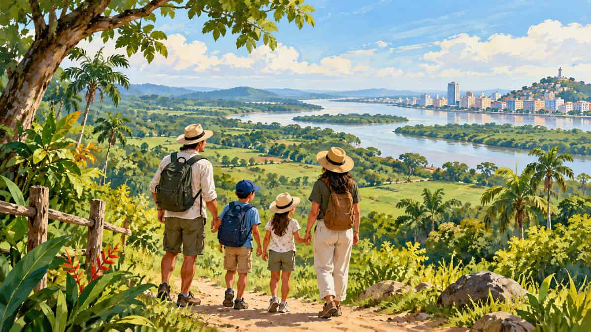 Ilustración de una familia caminando por un sendero con vista a un río y una ciudad, inspirada en Guayas