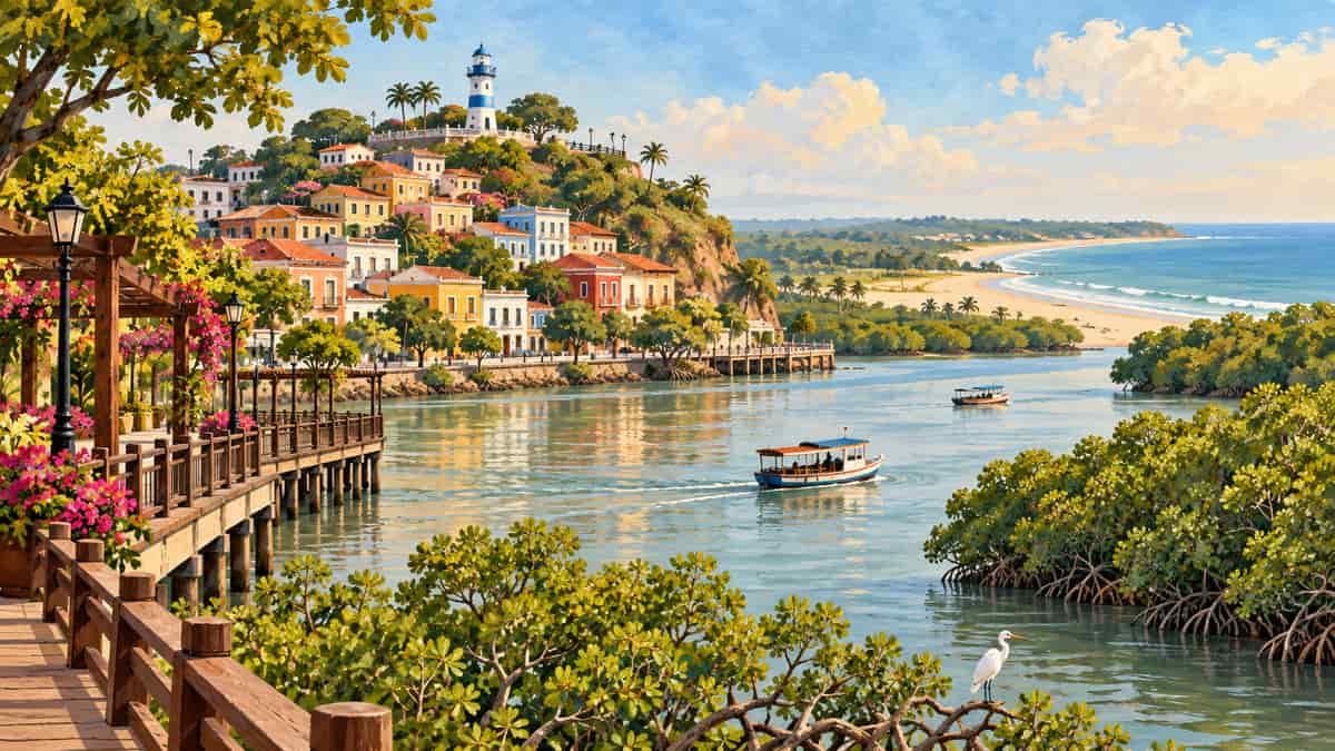 Ilustración de un río, manglares y un paisaje urbano inspirado en Guayas
