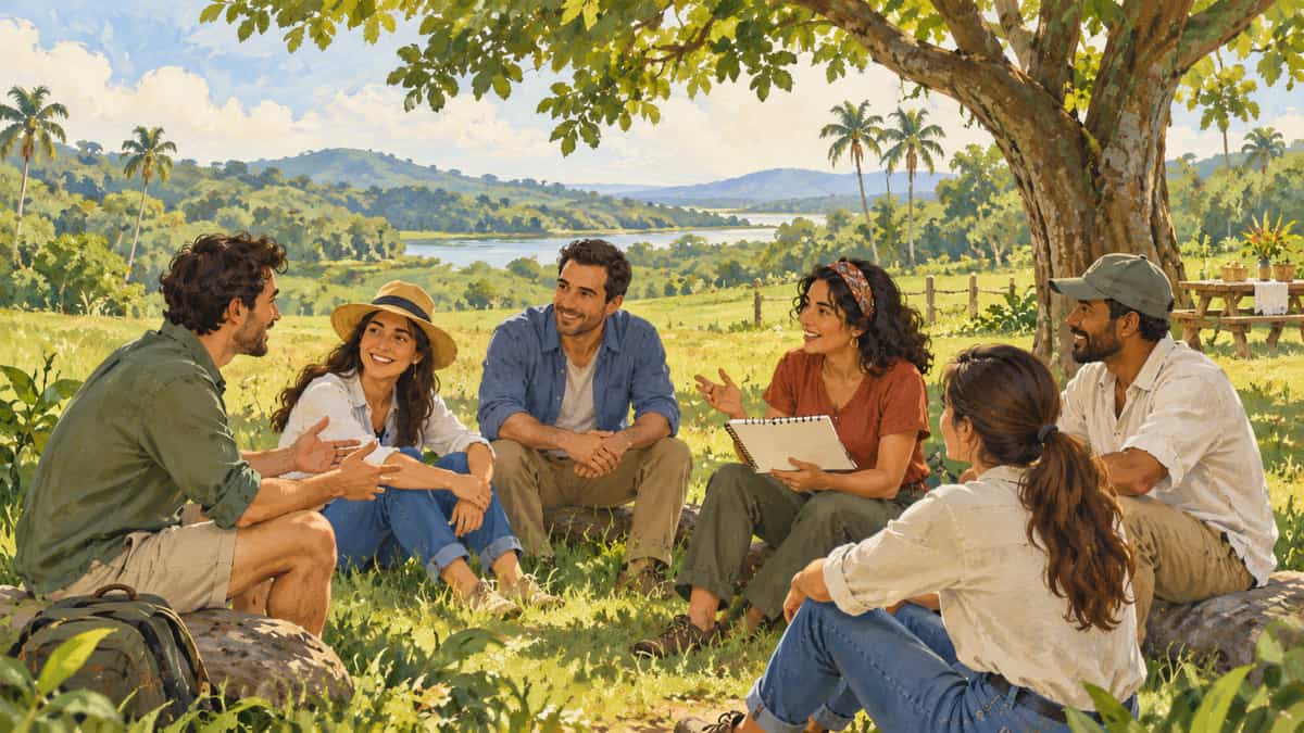 Ilustración de un grupo de compañeros conversando en un entorno campestre