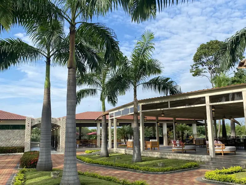 Terraza techada con muebles de descanso entre palmeras y jardines de Casa Grande Resort